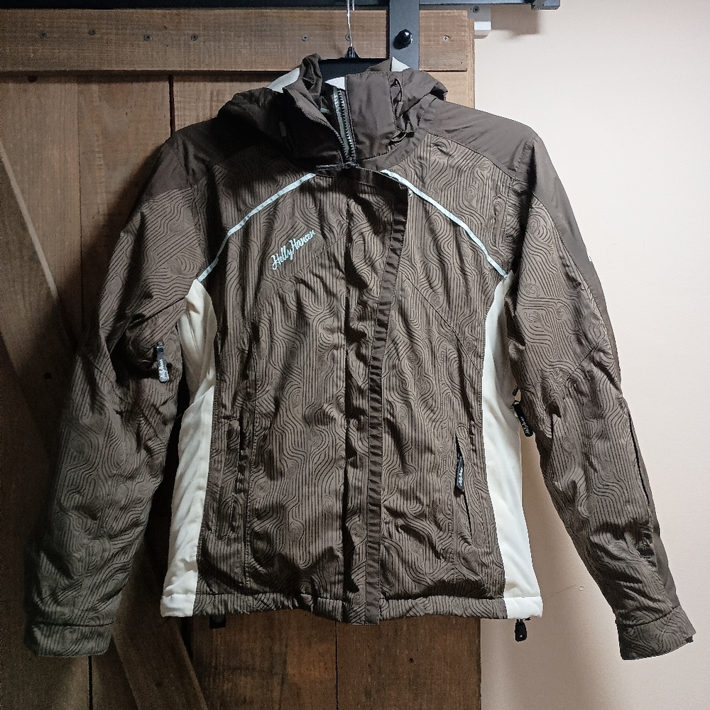 Helly Hansen Hooded Winter Ski/ Snowboard Coat Brown with Blue & Off White Small